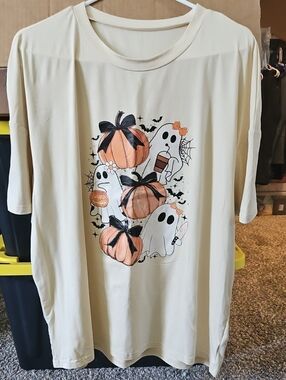 Cream Halloween Graphic Tee with Orange Pumpkins & White Ghosts